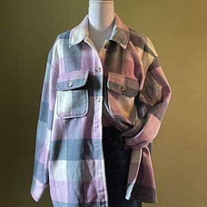BP Super Soft Plaid Utility Shacket in Pink and Gray